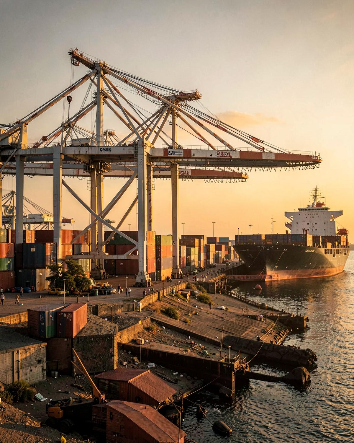 Container cranes and a cargo vessel berthed at the Port of Dar es Salaam at sunset