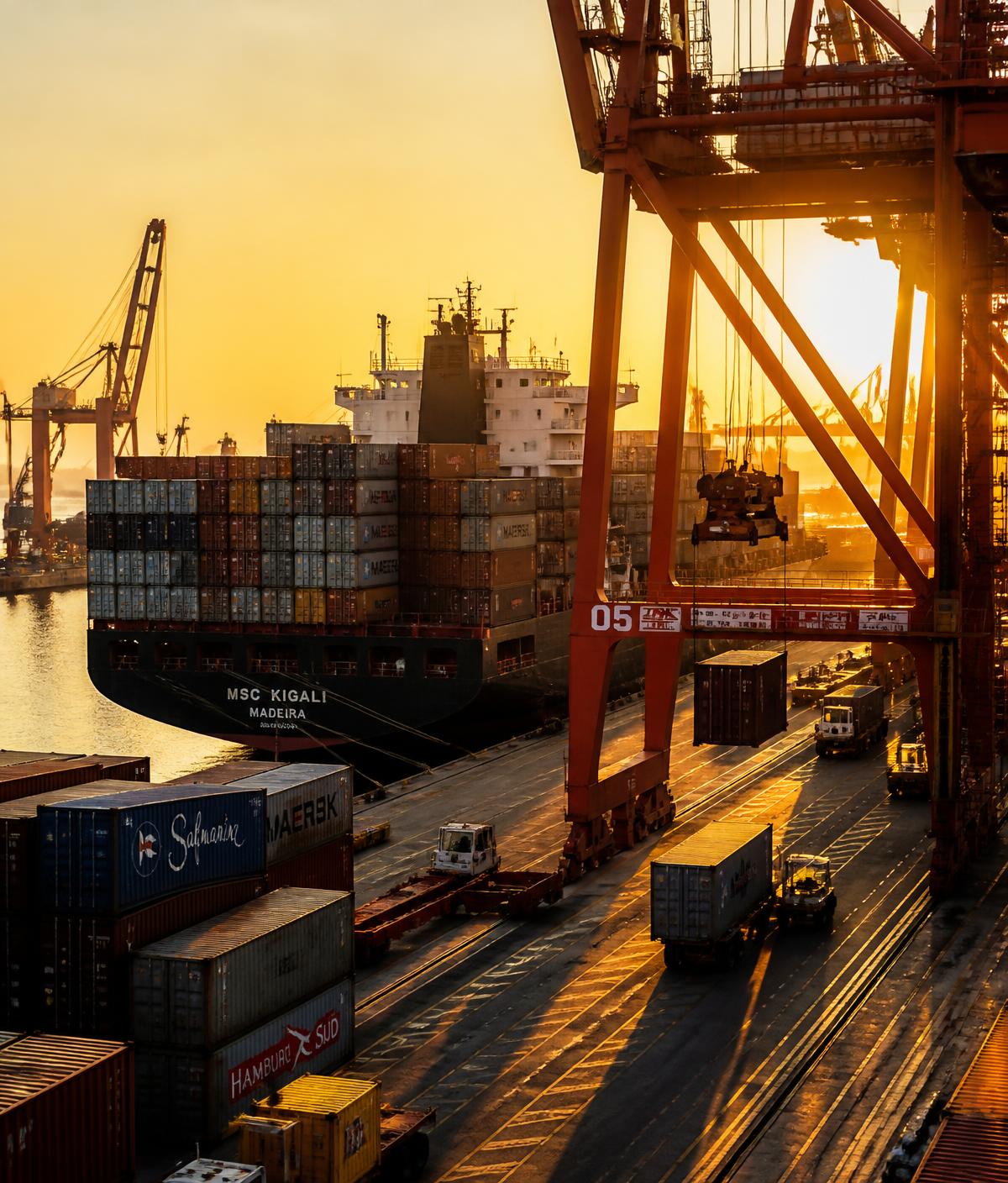 Cranes loading containers onto a vessel at the Port of Dar es Salaam at sunset