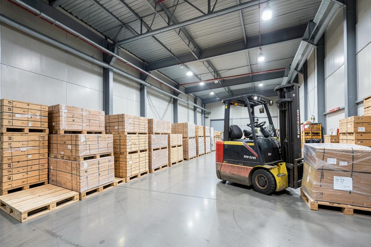 Bonded warehouse interior with palletised cargo
